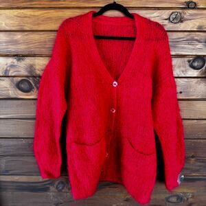 VINTAGE | Handmade Handknit Cherry Red Mohair Cardigan Sweater Size L/XL
